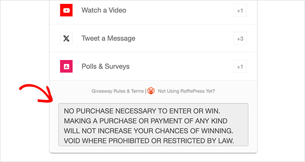 Giveaway rules and terms displayed inside the giveaway widget