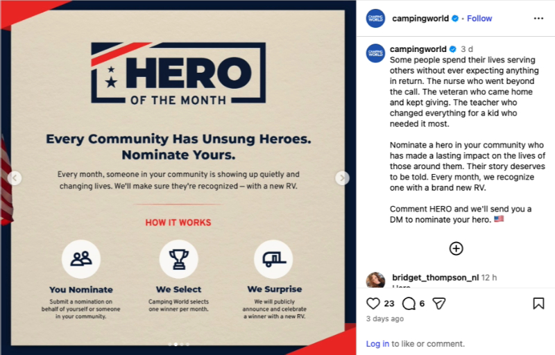 Example of a memorial day giveaway to nominate a hero