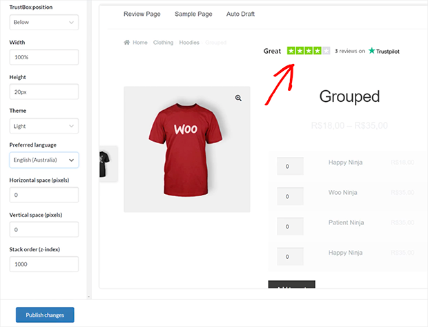 Trustpilot TrustBox widget on a WooCommerce website