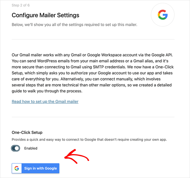 One-Click setup of Google mailer in WP Mail SMTP