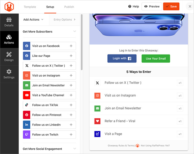 RafflePress social media giveaway actions