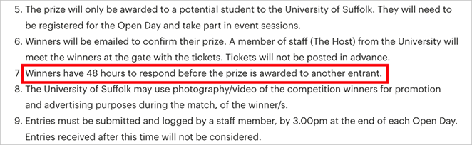 Giveaway rules stating that winners have 48 hours to respond.