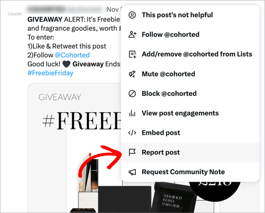 Report a giveaway post on X Twitter