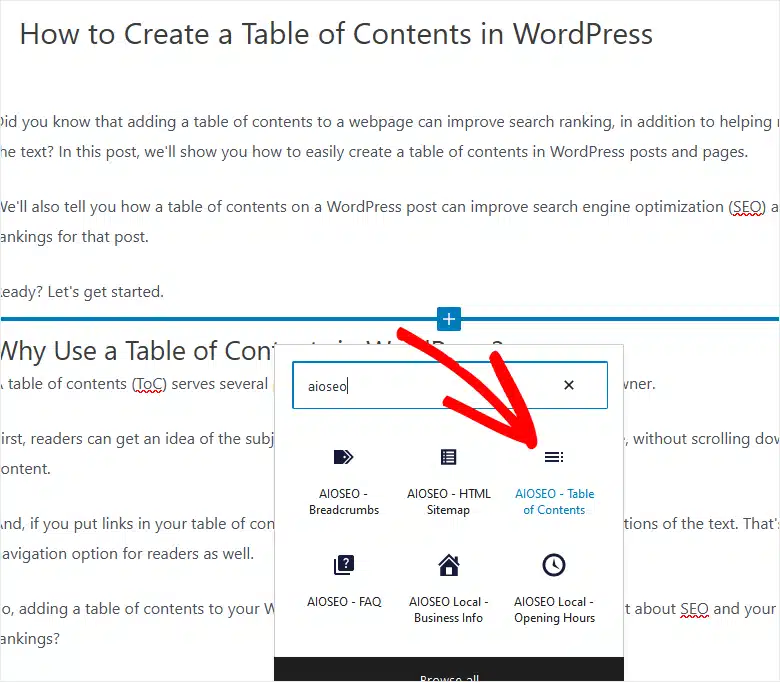 Adding a table of contents in WordPress using AIOSEO