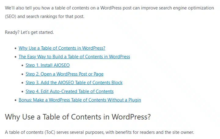 Table of contents in post using AIOSEO