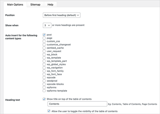 Table of Contents Plus settings