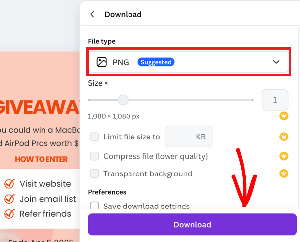 Choosing a file type in canva to download