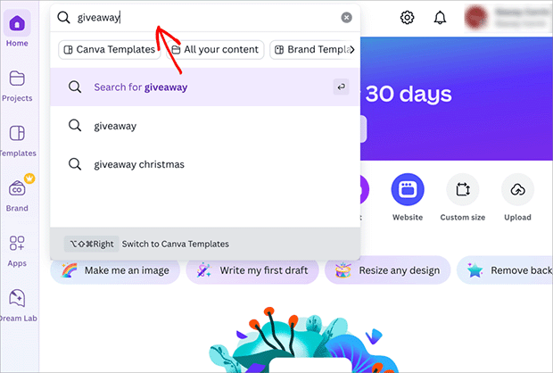 Searching canva for giveaway image templates