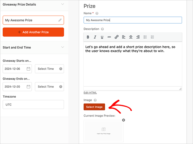 Selecting a giveaway image in RafflePress
