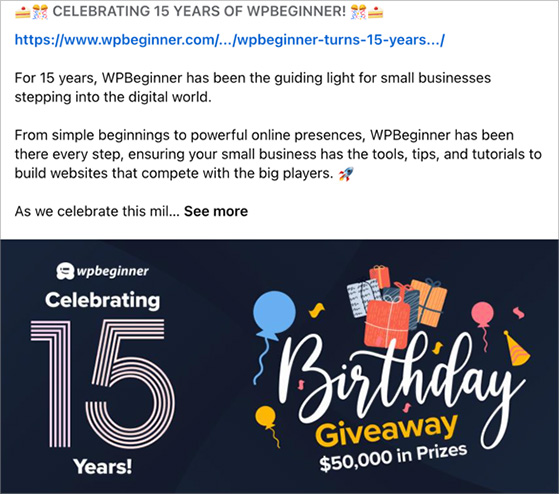 Example of WPBeginner's 15th birthday giveaway image post