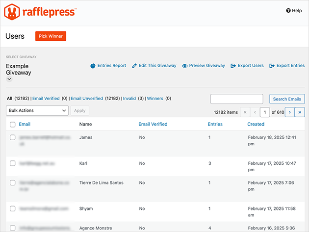 Giveaway entry mangement in RafflePress