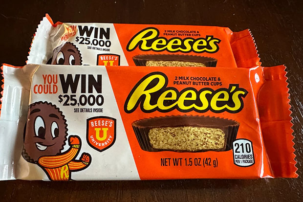 Two packets of Reeses candy featuring a sweepstakes ad