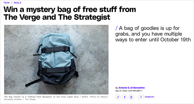Mystery prize giveaway including Timbuk2 backpack and surprise items