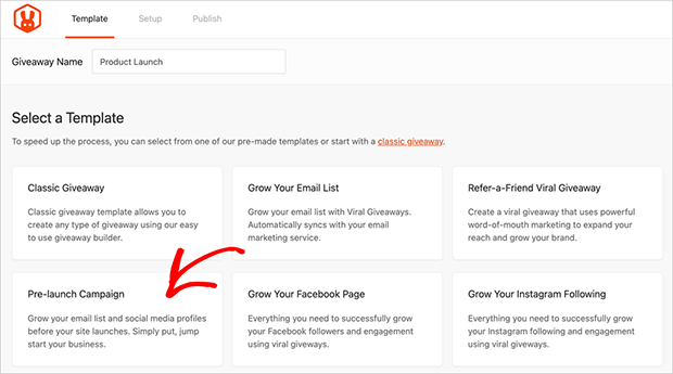 Screenshot of the Pre-Launch Giveaway template in RafflePress