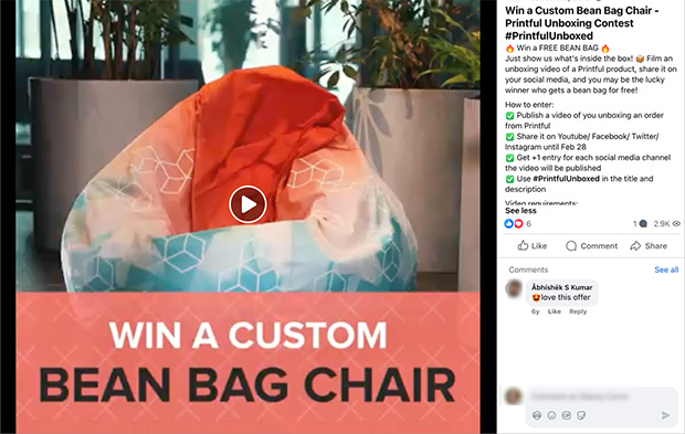 Printful giveaway for unboxing video entries with bean bag chair prize