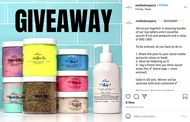 Instagram giveaway featuring Melted Soapery bath and body samples