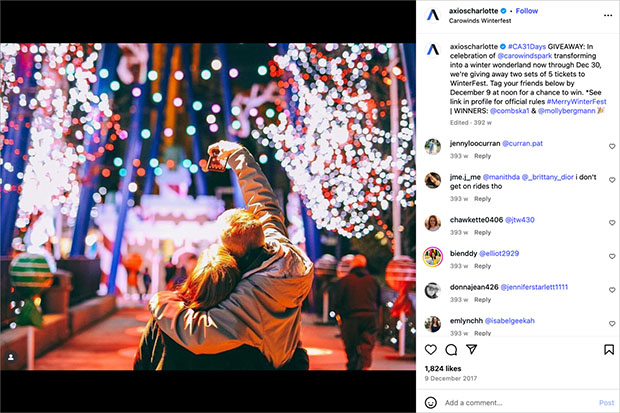 Example of Axios Charlotte running a daily giveaway campaign on Instagram