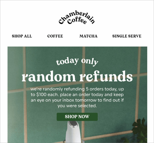 Example of a personalized loyalty reward email from Chamberlain Coffee.