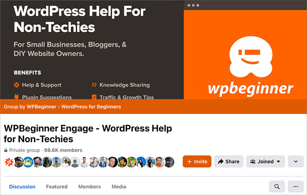 Screenshot of the WPBeginner Facebook group as a community-building example.