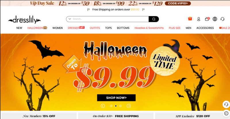 Halloween website banner with bats and orange accents from DressLily