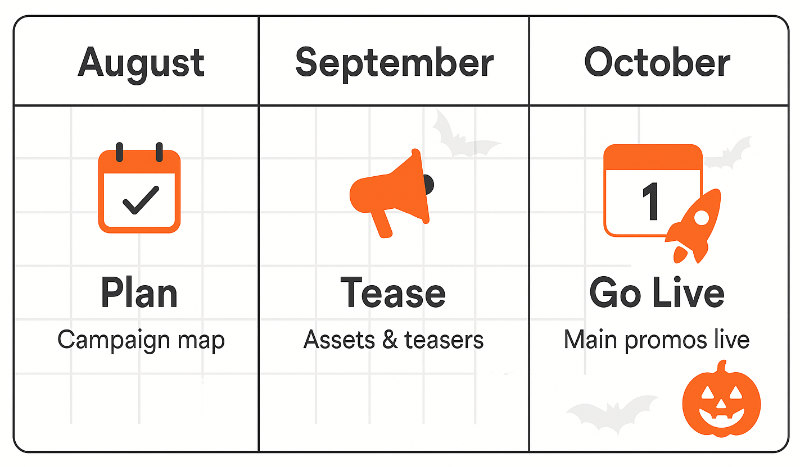 Three-month Halloween marketing schedule: August plan, September tease, Oct 1 launch