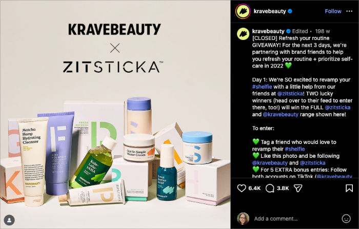 co-branded-type-of-contest - RafflePress KraveBeauty and ZitSticka co-branded Instagram giveaway offering full product ranges
