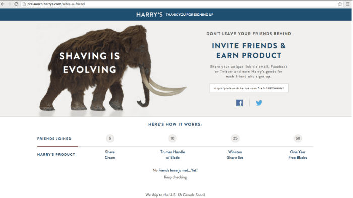 Screenshot - RafflePress Harry’s Razors pre-launch giveaway thank you page encouraging users to refer friends