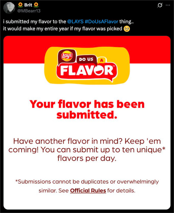 lays-do-us-a-flavor-submission - RafflePress Lay’s Do Us a Flavor competition packaging showing fan-submitted flavor idea