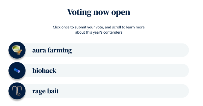 oxford-word-of-the-year-voting-contest - RafflePress Oxford Word of the Year public voting interface showing shortlist options