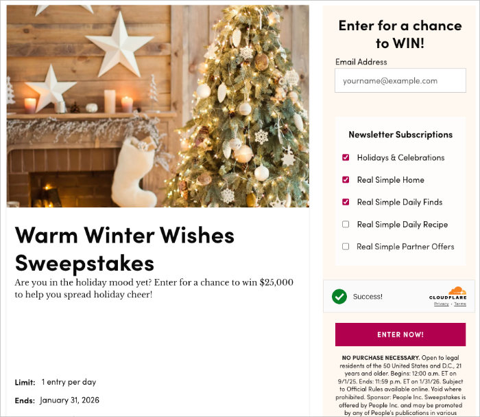 real-simple-sweepstakes-type-of-contest - RafflePress Real Simple magazine sweepstakes example using a simple email entry form