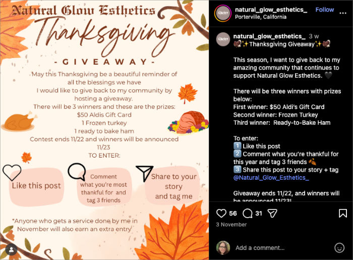 seasonal-type-of-contest - RafflePress Natural Glow Esthetics Thanksgiving giveaway Instagram post with prize details