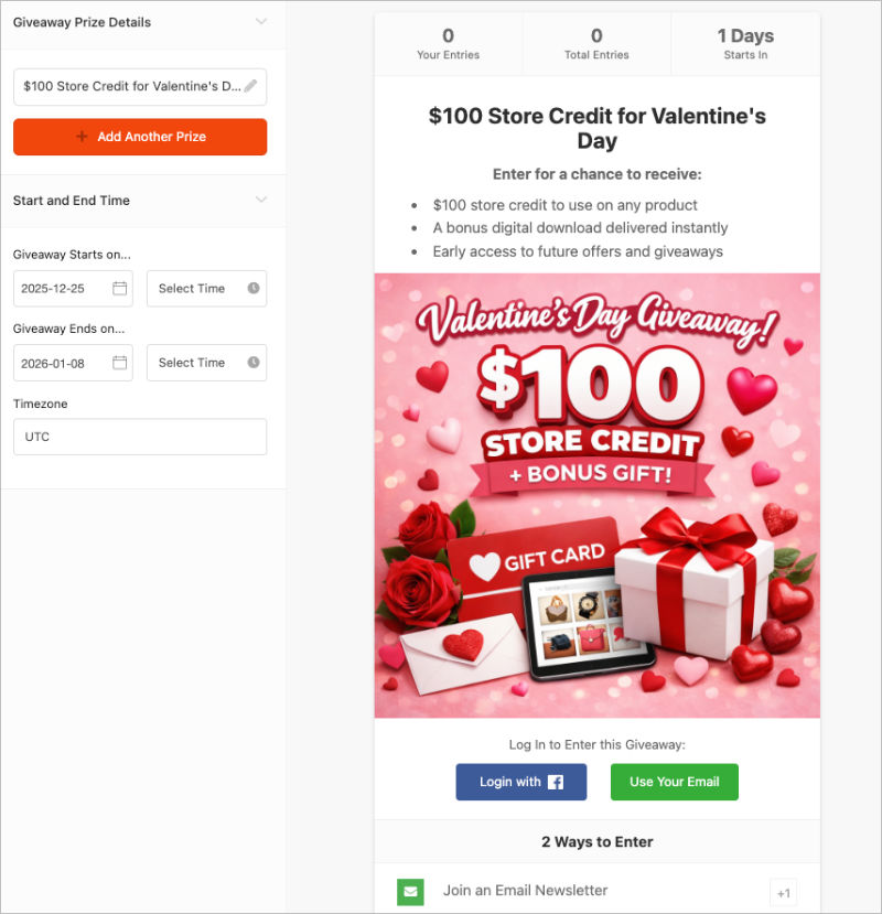 Customizing a holiday giveaway as part of a planned giveaway calendar in RafflePress