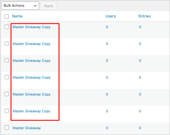 Multiple duplicated giveaways in RafflePress used to build a 12-month giveaway calendar
