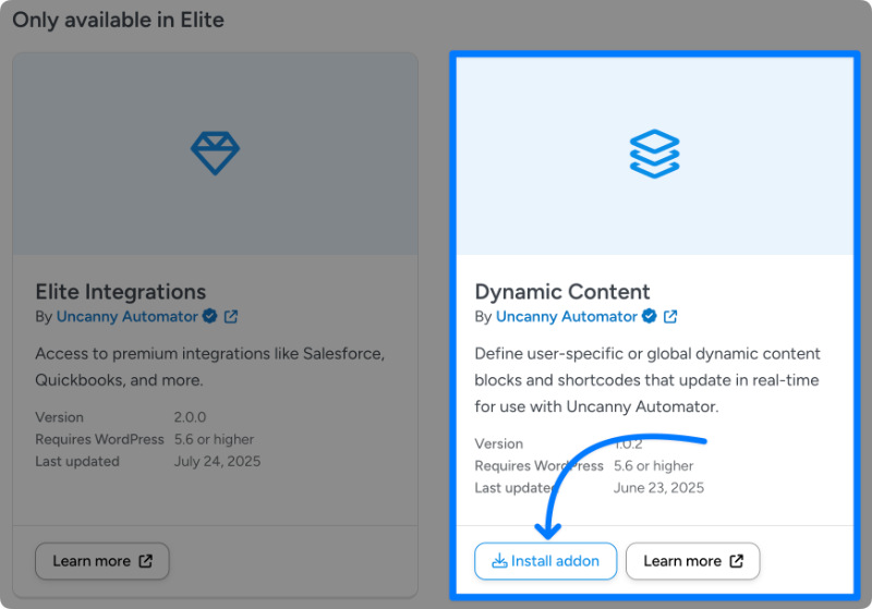 WordPress plugin card highlighting the Dynamic Content addon by Uncanny Automator with an arrow pointing to the 'Install addon' button. The card explains that it enables dynamic content blocks and shortcodes that update in real time.