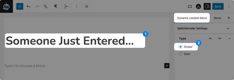 Uncanny Automator dynamic content block editor with Global type selected