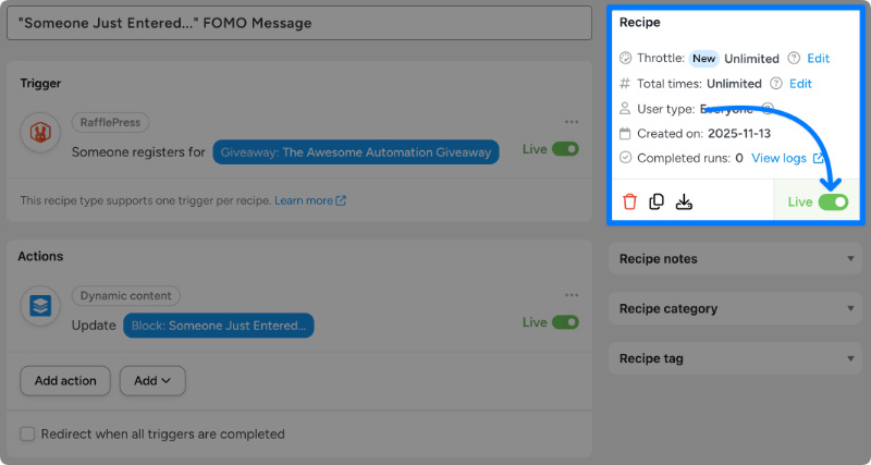 Toggling the Uncanny Automator recipe from Draft to Live