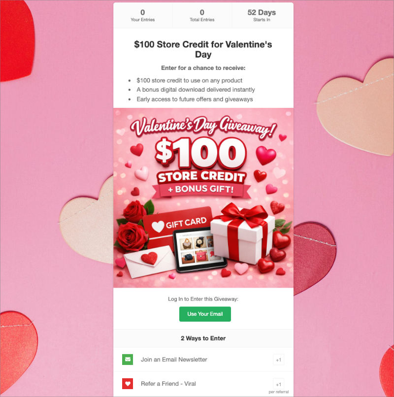 Live giveaway landing page used in a year-round giveaway calendar strategy