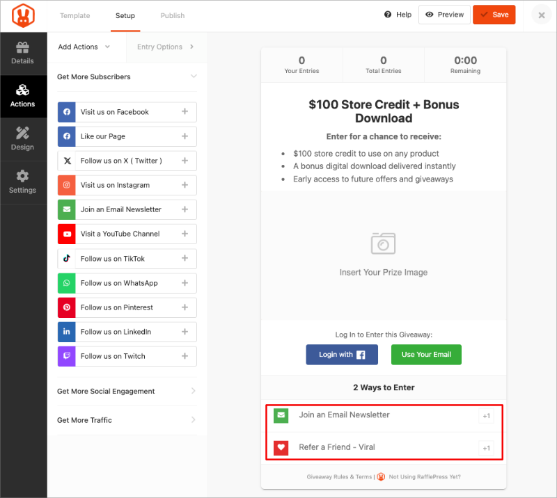Giveaway calendar master template in RafflePress with newsletter signup and refer-a-friend actions