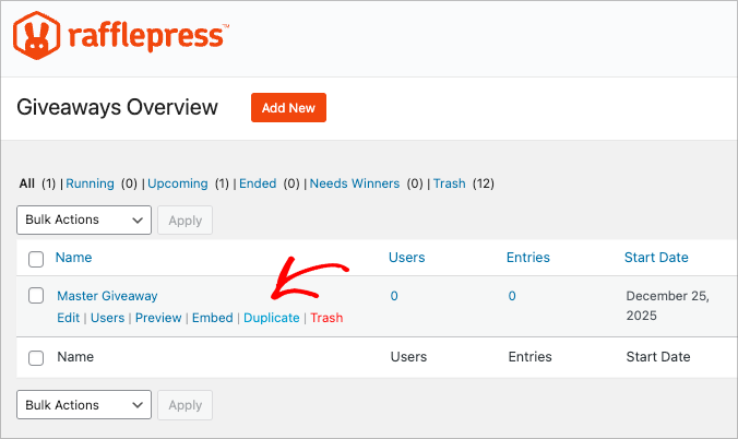 Duplicating a giveaway in RafflePress to create monthly campaigns for a giveaway calendar