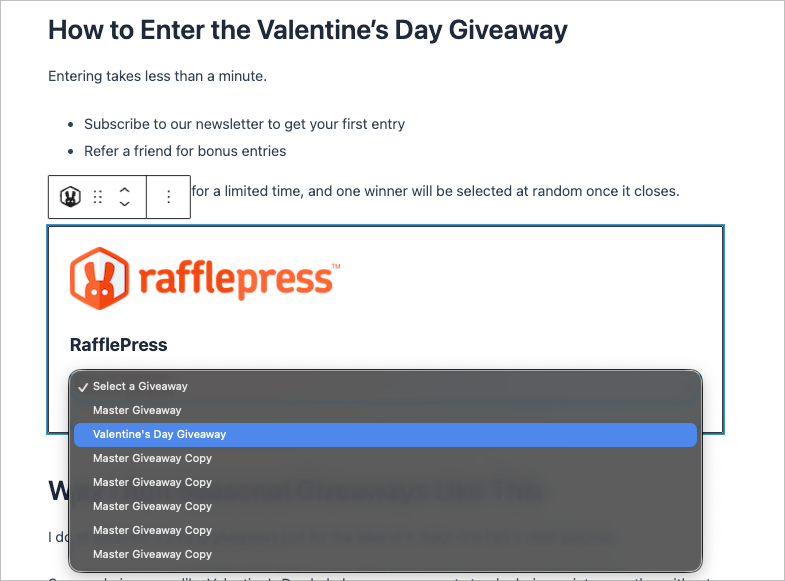 RafflePress giveaway embedded in a blog post as part of a giveaway calendar