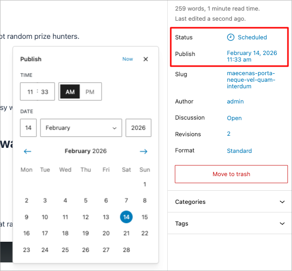 Scheduling a blog post to publish a giveaway automatically in a giveaway calendar