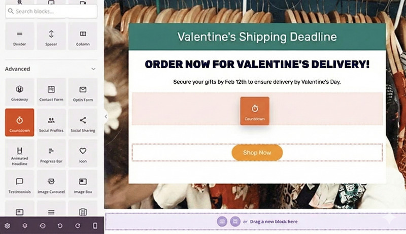 Valentine's Day landing page with shipping countdown timer