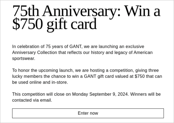 Giveaway email copy example clearly stating a 0 gift card prize and entry deadline