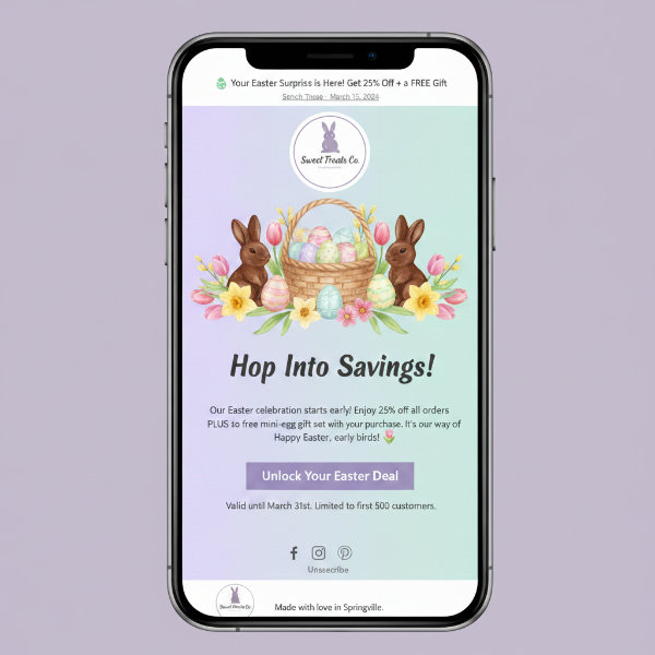 A seasonal Easter email marketing campaign template with a clear call to action and spring visuals.