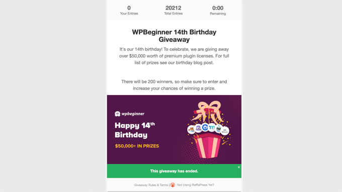 Preview of an Easter giveaway campaign on a WordPress site showing a prize bundle and entry options.