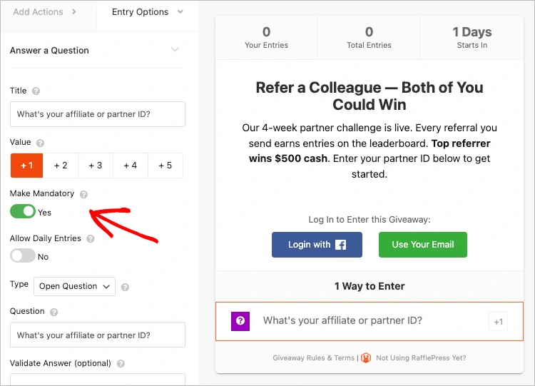 RafflePress mandatory qualifying question entry action for B2B lead qualification