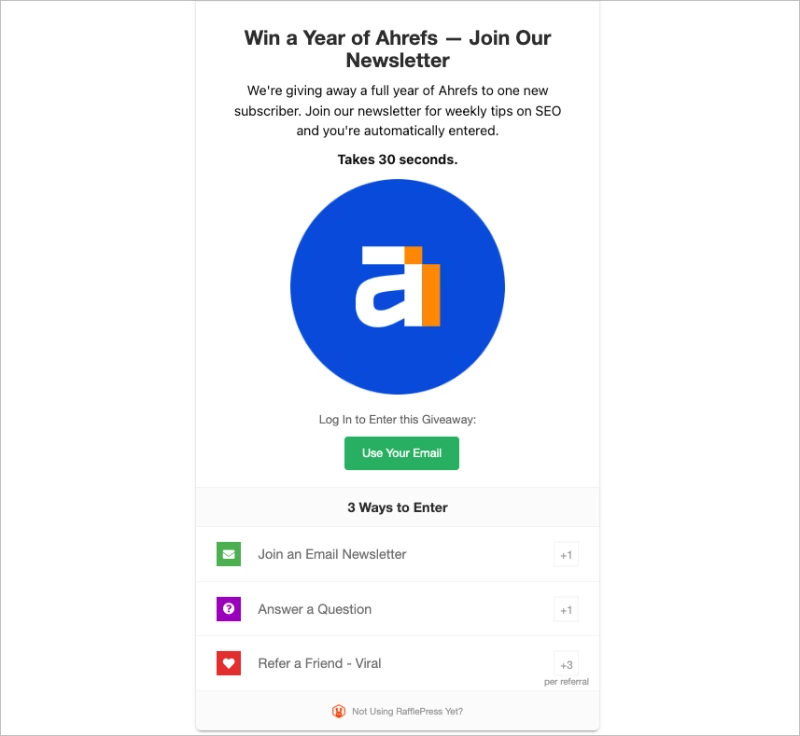 RafflePress B2B newsletter giveaway with email subscribe and qualifying question entry actions
