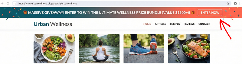 Site-wide contest announcement bar on a WordPress website during the promotion timeline