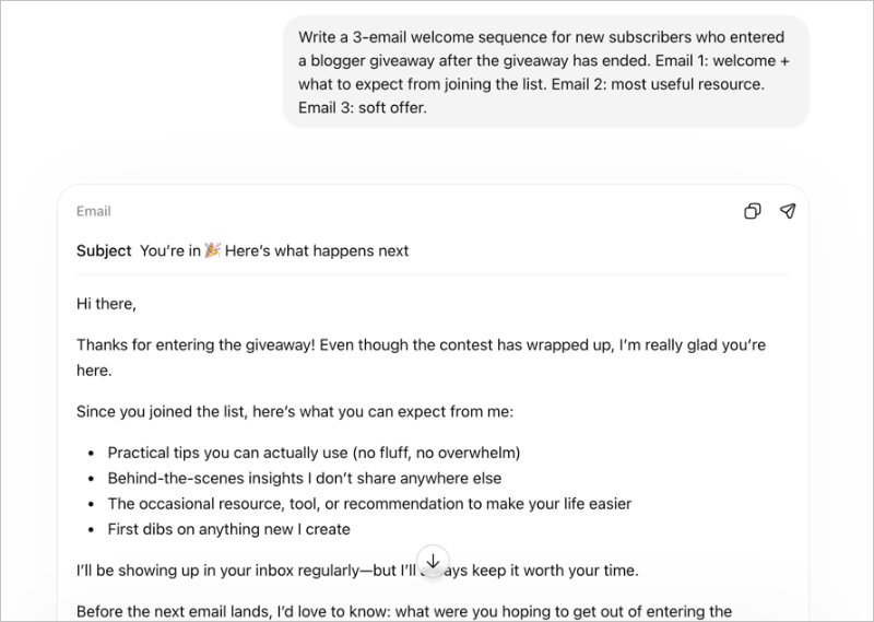 ai-generated-giveaway-followup-emails - RafflePress Generating follow up emails for new subscribers after entering a giveaway, using ai.