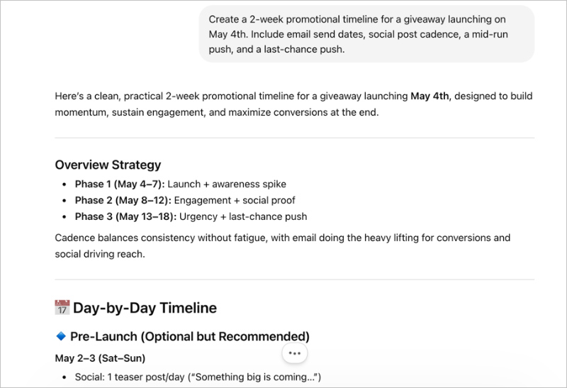 ai-generated-giveaway-promotion-timeline - RafflePress Generating a giveaway promotion timeline using AI